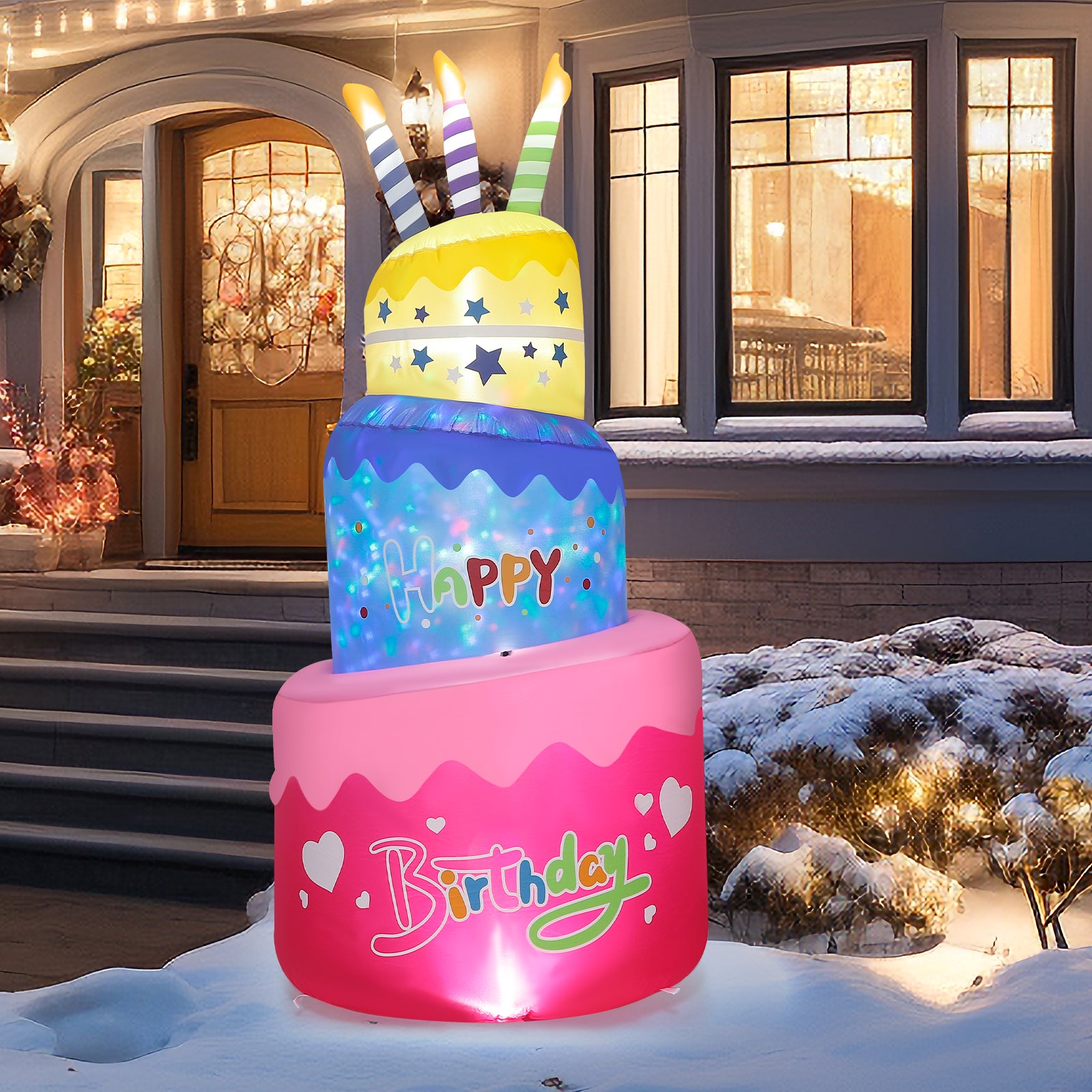Happy Birthday Inflatable Cake with Candles, Rotating Colorful LED Light-Up Celebration Decor for Yard