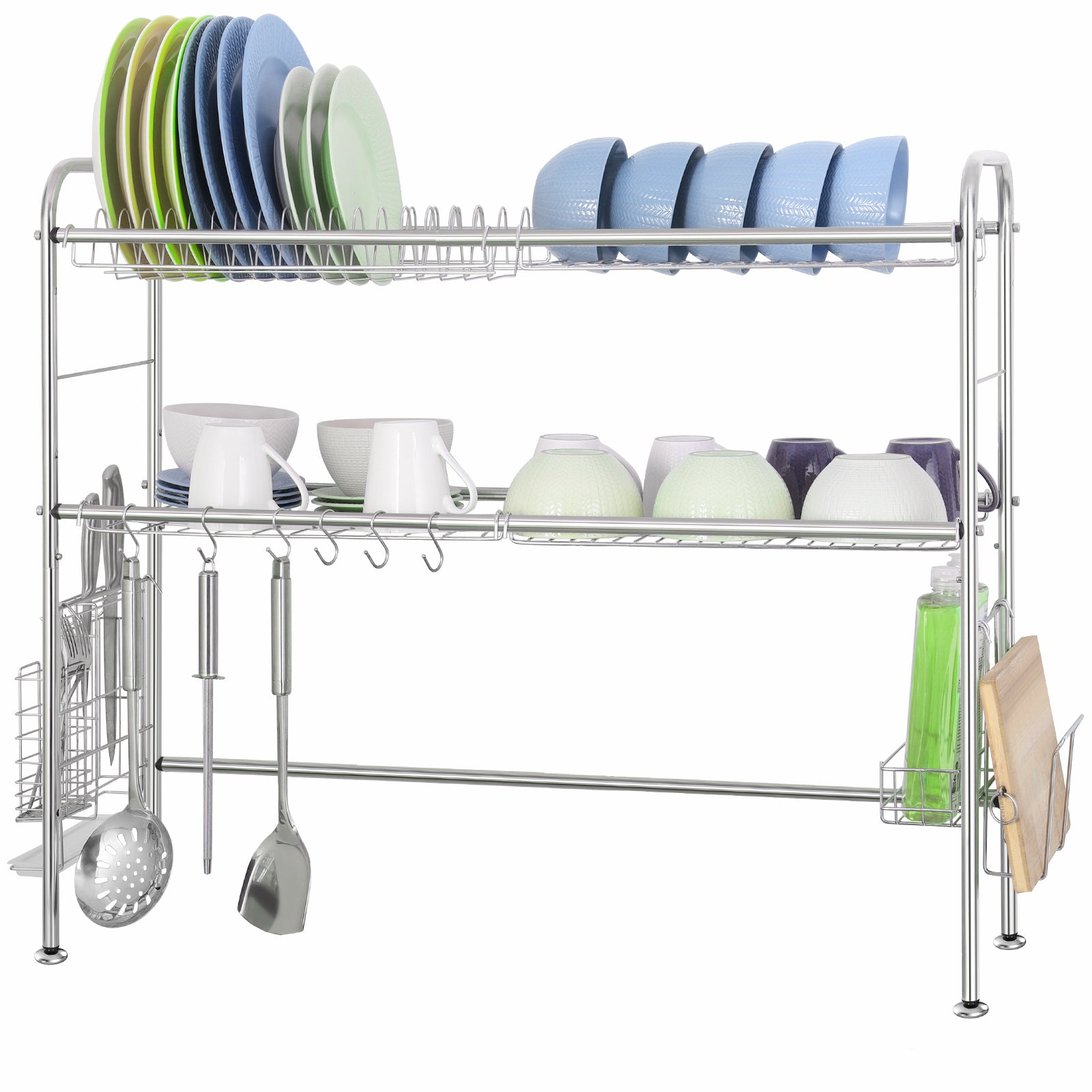 Large Capacity 2-Tier Stainless Steel Dish Drying Rack for Over-the-Sink Kitchen Counter Organization with Utensil Holder Accessory
