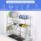 Large Capacity 2-Tier Stainless Steel Dish Drying Rack for Over-the-Sink Kitchen Counter Organization with Utensil Holder Accessory