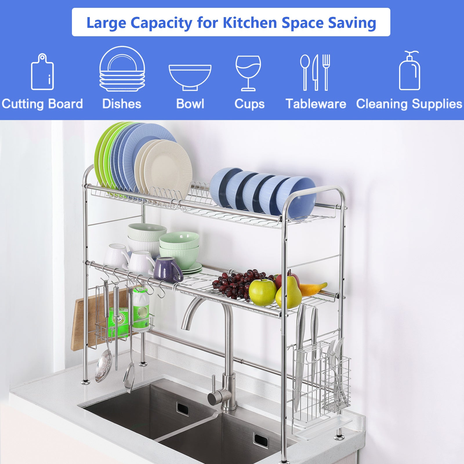 Large Capacity 2-Tier Stainless Steel Dish Drying Rack for Over-the-Sink Kitchen Counter Organization with Utensil Holder Accessory