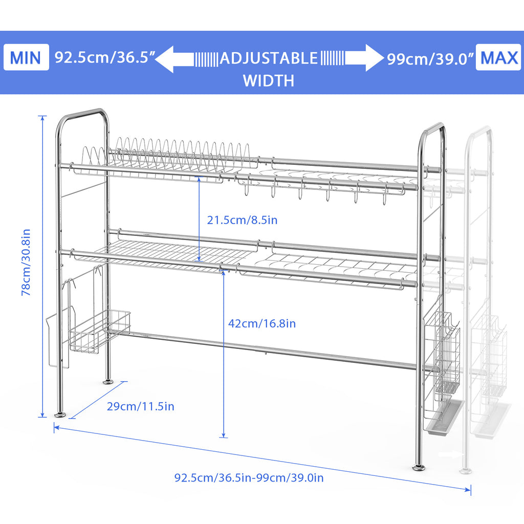 Large Capacity 2-Tier Stainless Steel Dish Drying Rack for Over-the-Sink Kitchen Counter Organization with Utensil Holder Accessory