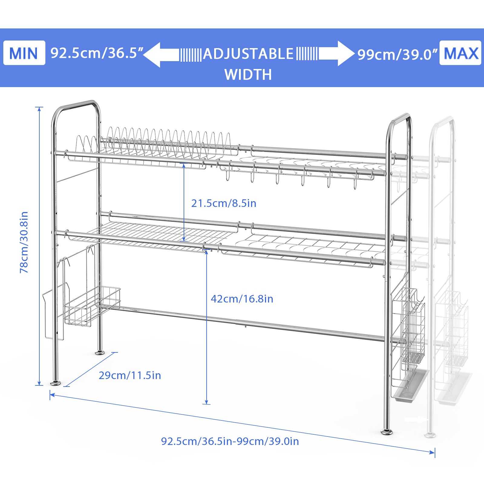 Large Capacity 2-Tier Stainless Steel Dish Drying Rack for Over-the-Sink Kitchen Counter Organization with Utensil Holder Accessory