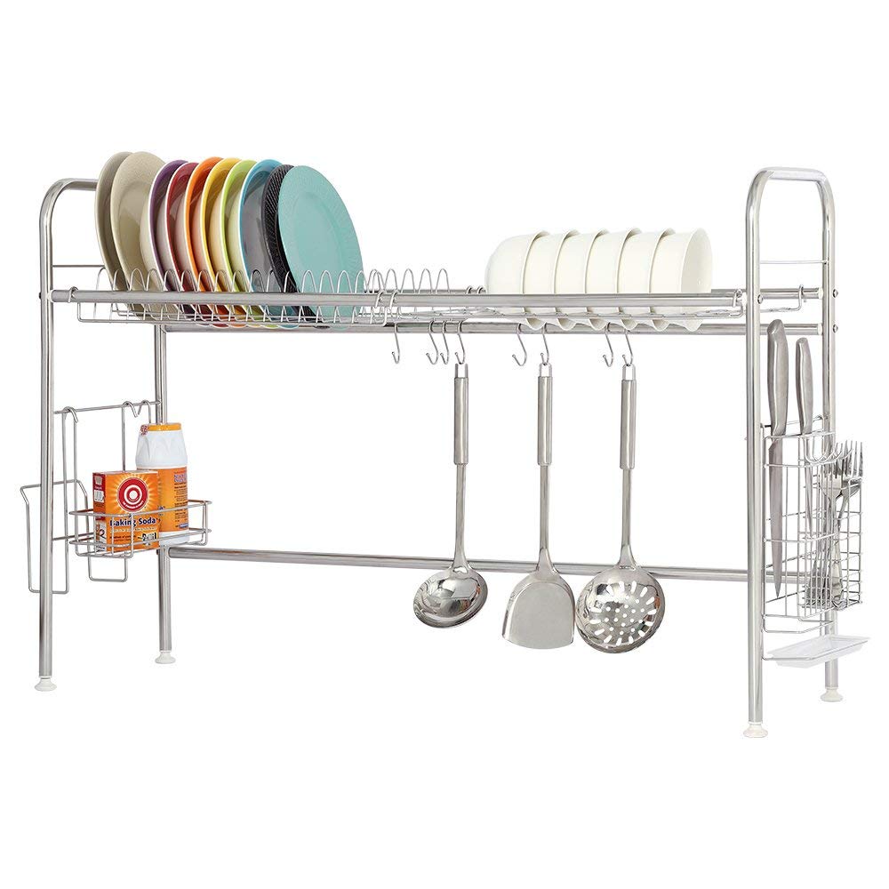 Stainless Steel Over the Sink Dish Drying Rack, Adjustable Single Tier Sink Organizer with Utensil Holder