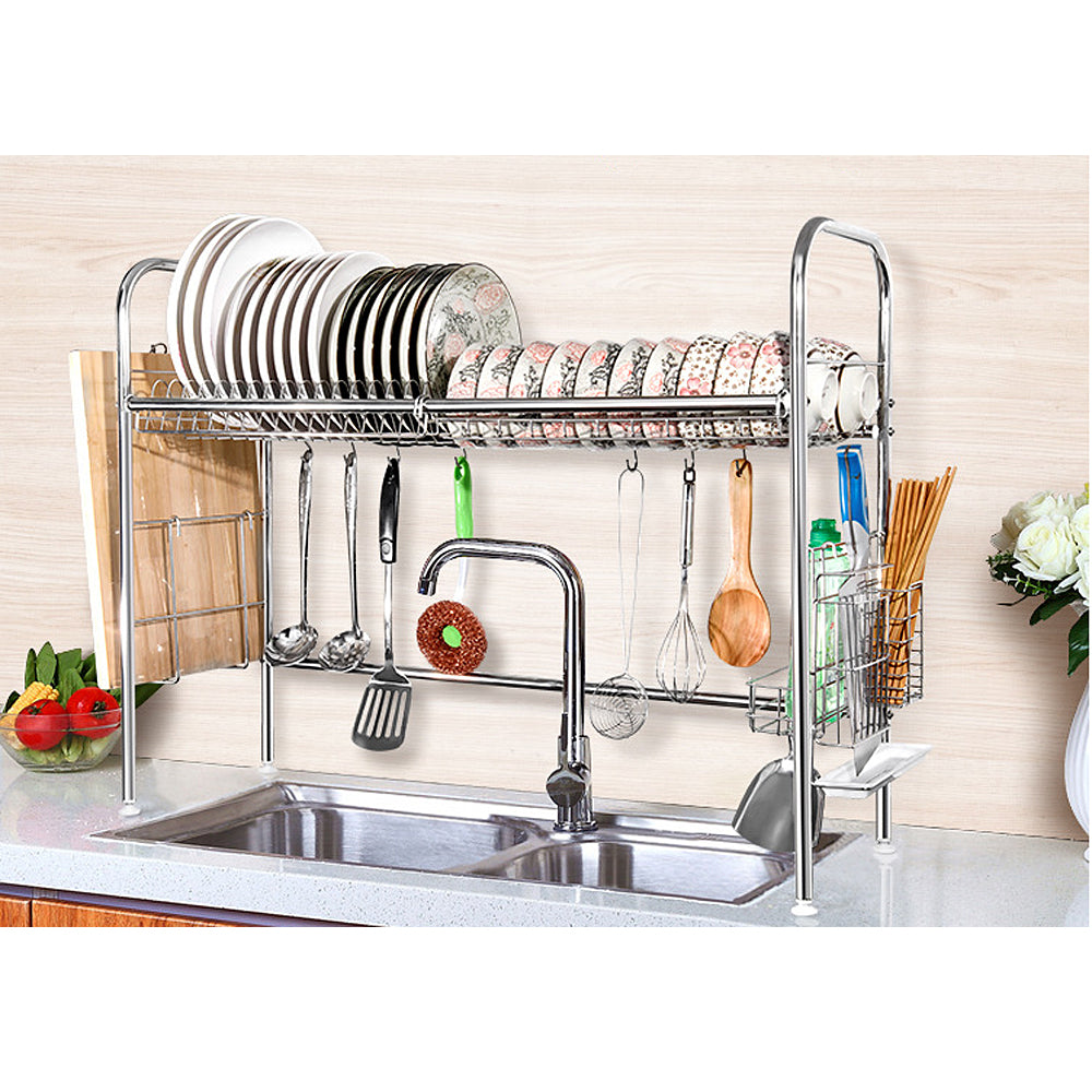 Stainless Steel Over the Sink Dish Drying Rack, Adjustable Single Tier Sink Organizer with Utensil Holder