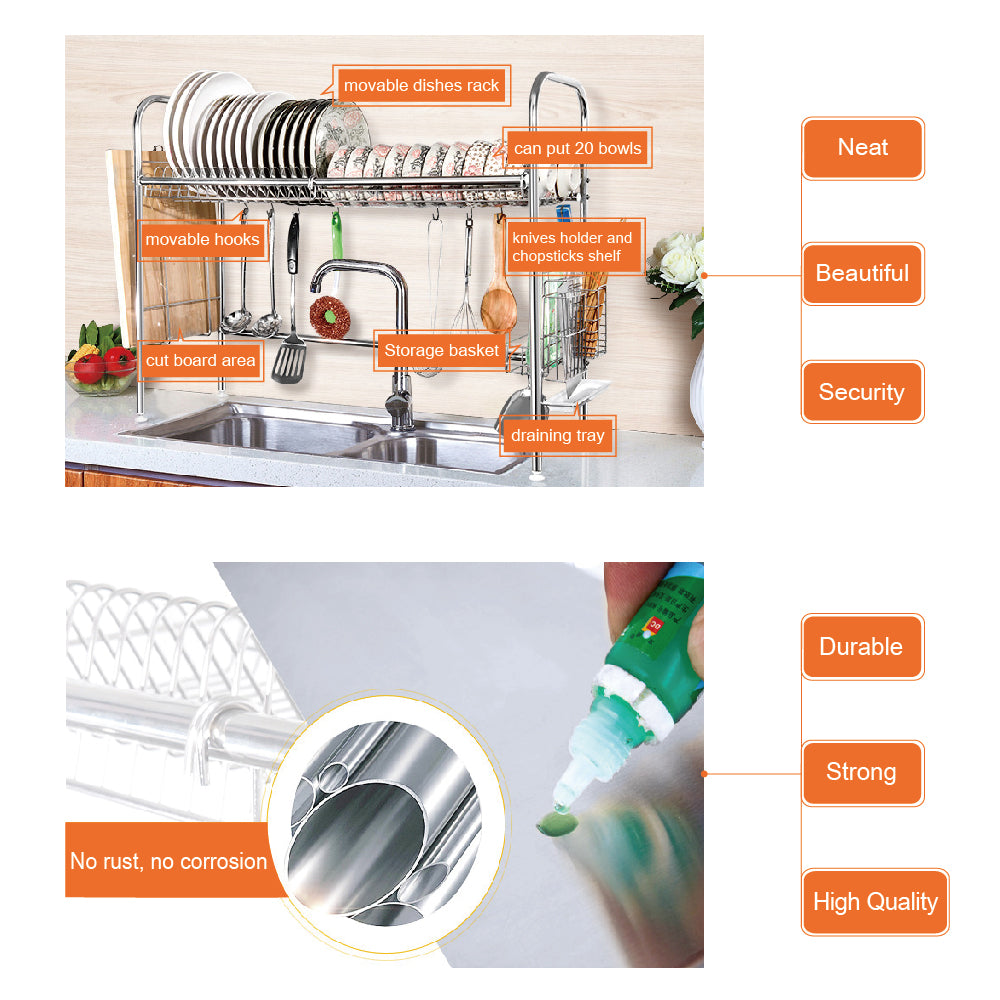 Stainless Steel Over the Sink Dish Drying Rack, Adjustable Single Tier Sink Organizer with Utensil Holder