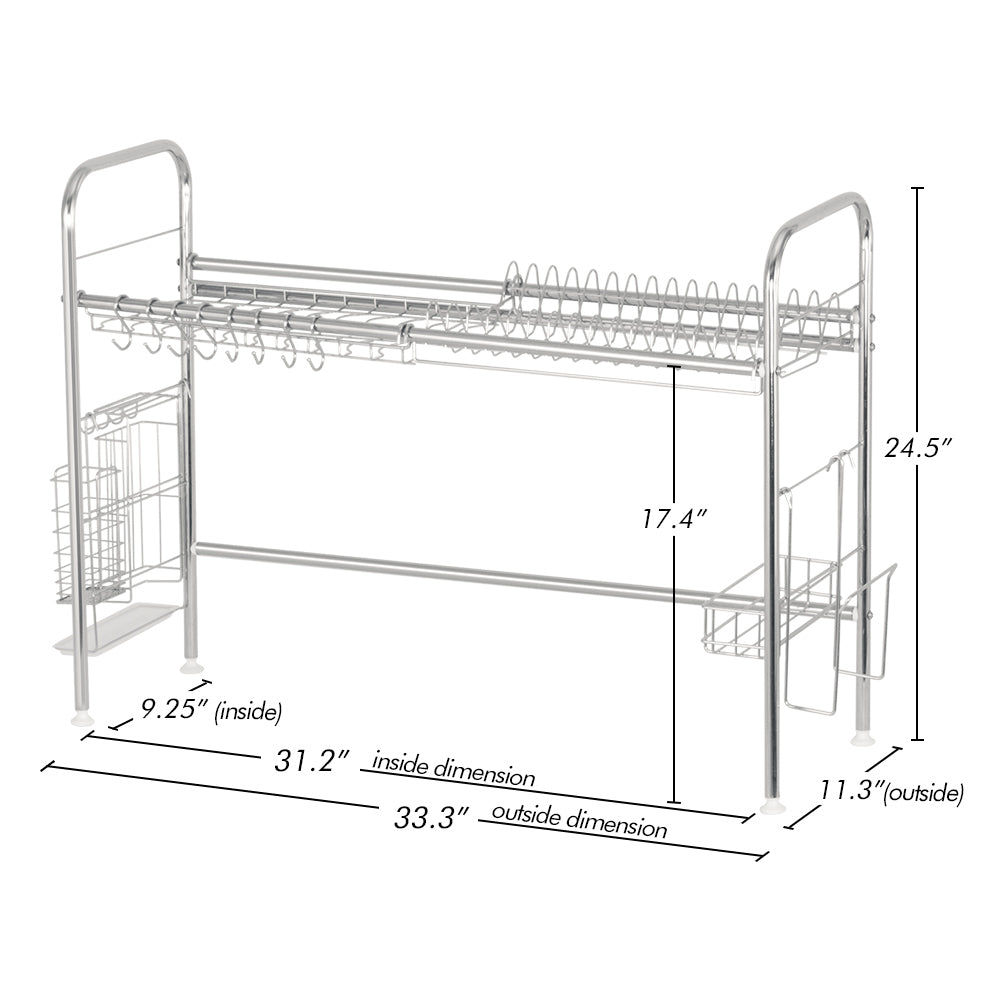 Stainless Steel Over the Sink Dish Drying Rack, Adjustable Single Tier Sink Organizer with Utensil Holder