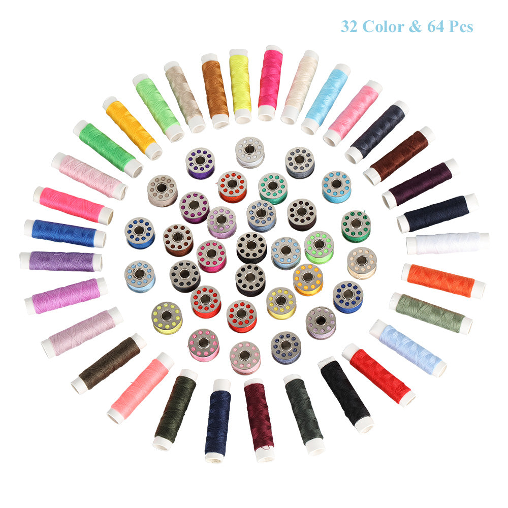 64 Pcs Premium Sewing Thread Kit, Mixed Colors Polyester Thread Spools & Bobbins for Sewing Machine & DIY