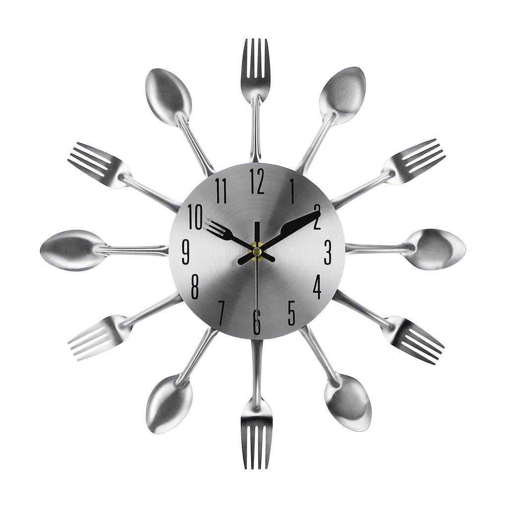Modern 3D Spoon and Fork Kitchen Wall Clock, Stainless Steel Silver Mirror Finish Cutlery Art for Dining