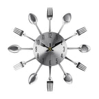 Modern 3D Spoon and Fork Kitchen Wall Clock, Stainless Steel Silver Mirror Finish Cutlery Art for Dining