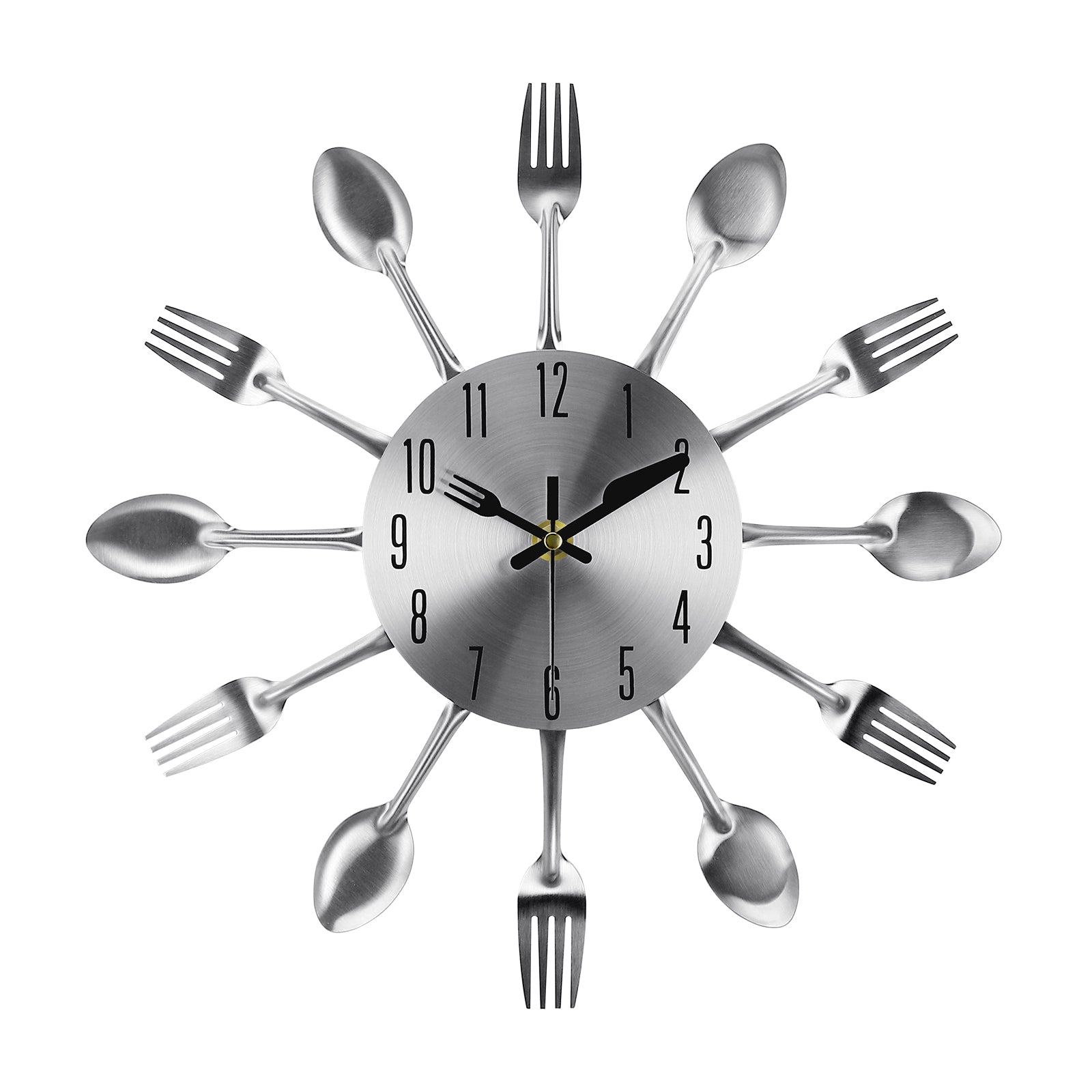 Modern 3D Spoon and Fork Kitchen Wall Clock, Stainless Steel Silver Mirror Finish Cutlery Art for Dining