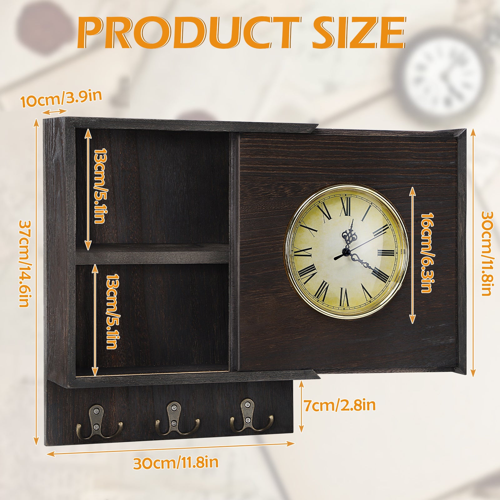 Vintage Wooden Wall Clock with Hidden Storage & Key Hooks, Silent Non-Ticking Roman Numeral Clock for Entryway & Home Decor
