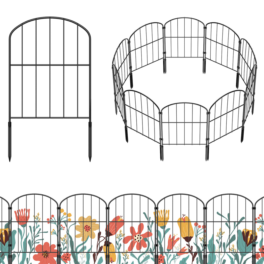 10-Pack Arch Garden Fence with Plastic Stakes, No-Dig Metal Pet Barrier for Flower Bed Border
