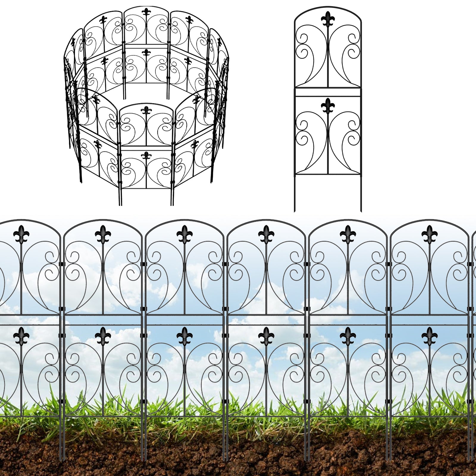 No-Dig Decorative Garden Fence with Gate - Fleur-de-Lis Rustproof Metal Border - Animal Barrier for Patio,
