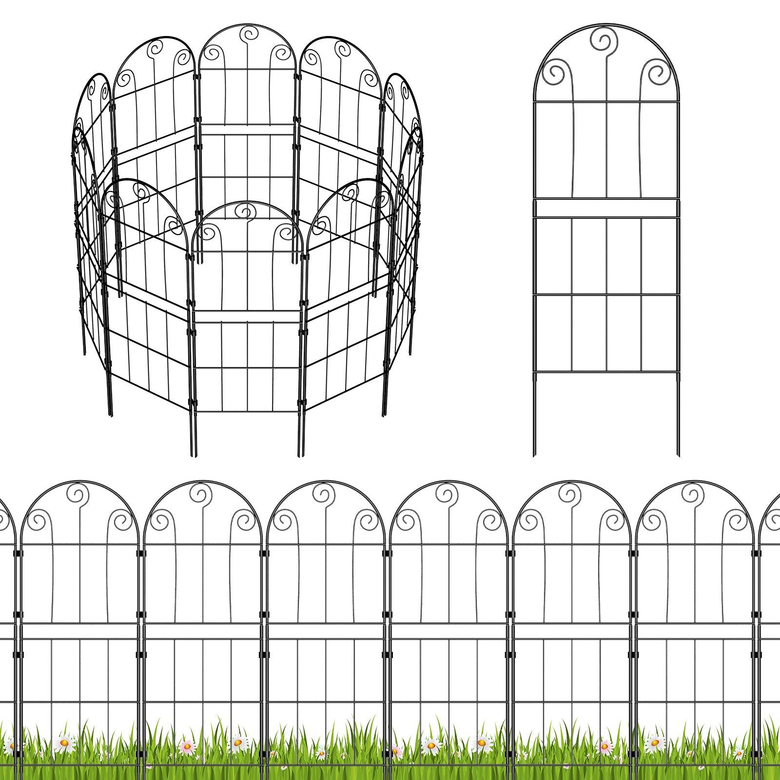 Decorative Scroll Garden Fence - Rustproof Metal Border - No-Dig Animal Barrier for Flower Beds,