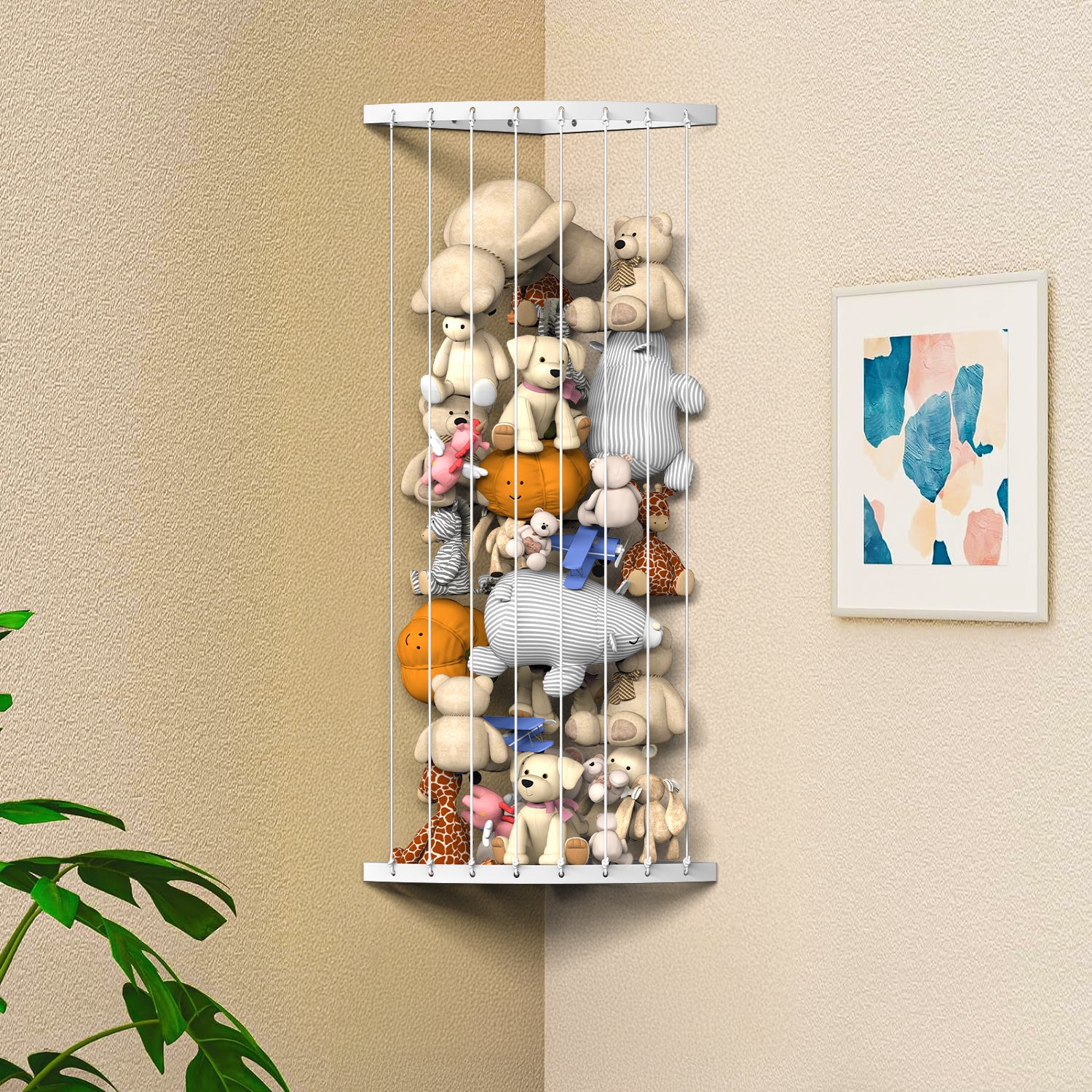 Corner Stuffed Animal Storage Zoo - Elastic Rope Plush Toy Organizer - Space-Saving Wall Mount for Kids Room,