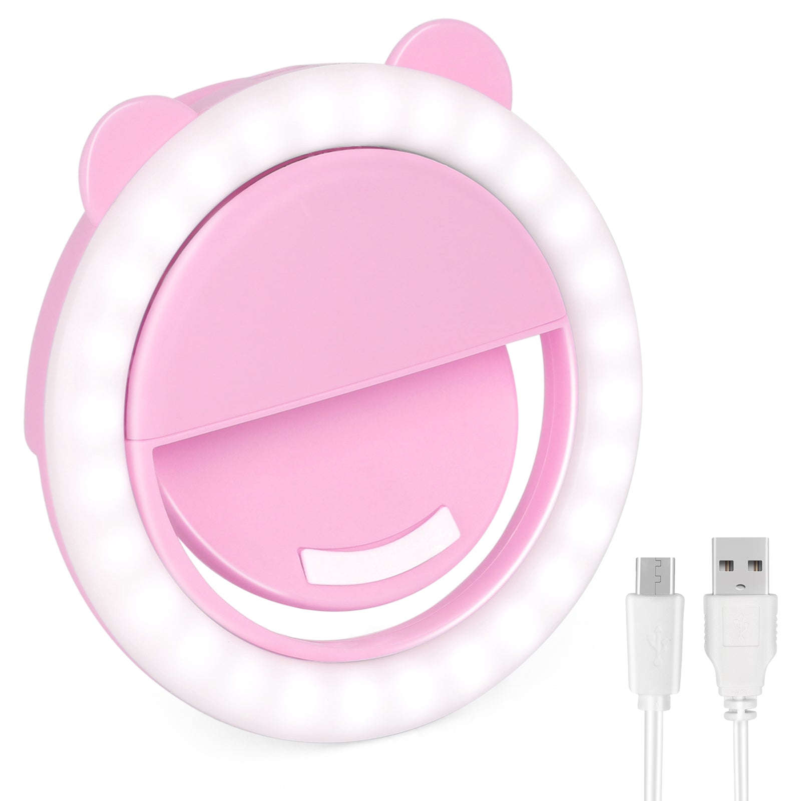 Bear Ear Selfie Ring Light - Portable Clip-on LED Fill Light - USB Rechargeable with 3 Brightness Levels,
