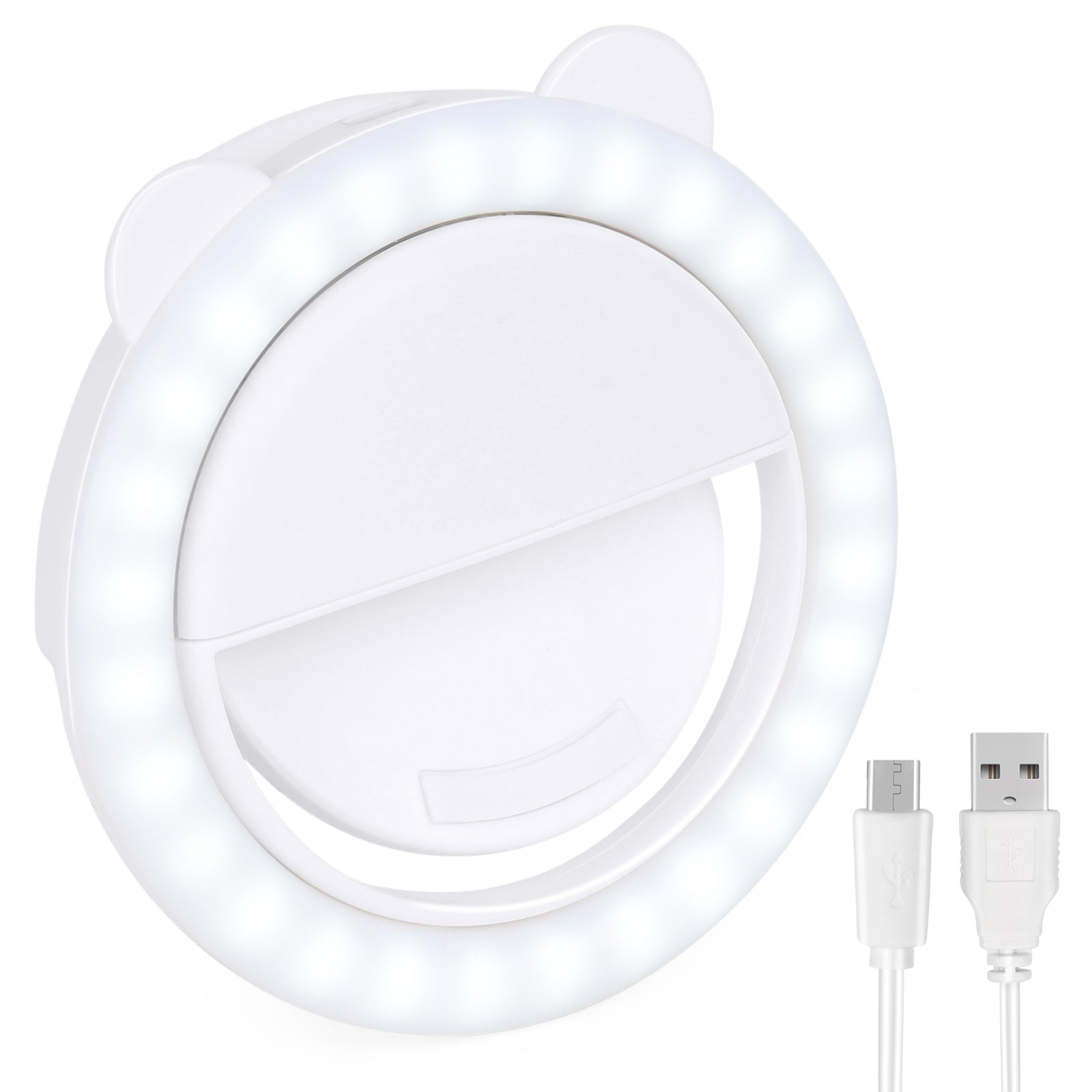 Bear Ear Selfie Ring Light - Portable Clip-on LED Fill Light - USB Rechargeable with 3 Brightness Levels,