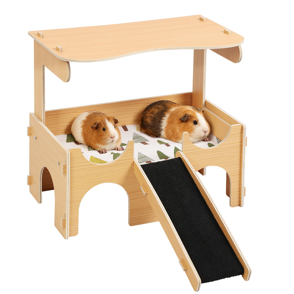 Wooden Guinea Pig House & Hideout, Small Animal Habitat with Ramp and Cushion for Hamsters & Rabbits
