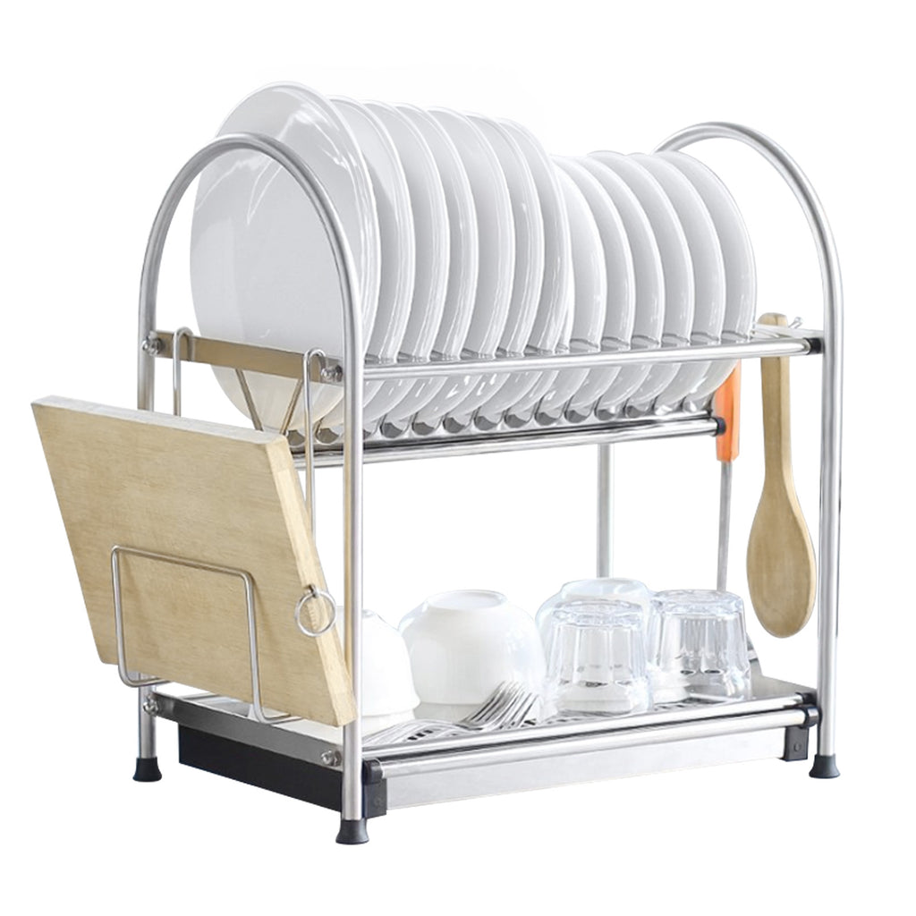 2-Tier Stainless Steel Dish Drying Rack with Drainboard, Space-Saving Kitchen Counter Organizer