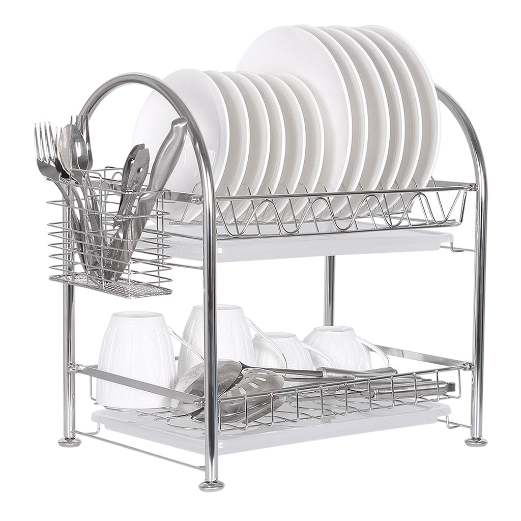 Premium 304 Stainless Steel 2-Tier Dish Rack, Rust-Proof Dish Drainer with Utensil Holder