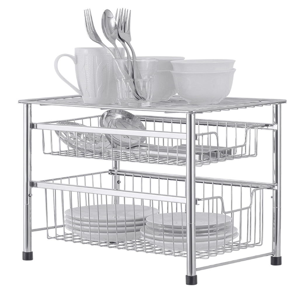 2-Tier Sliding Basket Organizer, Pull-Out Under Sink Storage Drawers for Kitchen & Bathroom