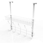 Over The Door Hook Organizer with Mesh Basket, White Metal Hanger Rack with 5 Dual Hooks
