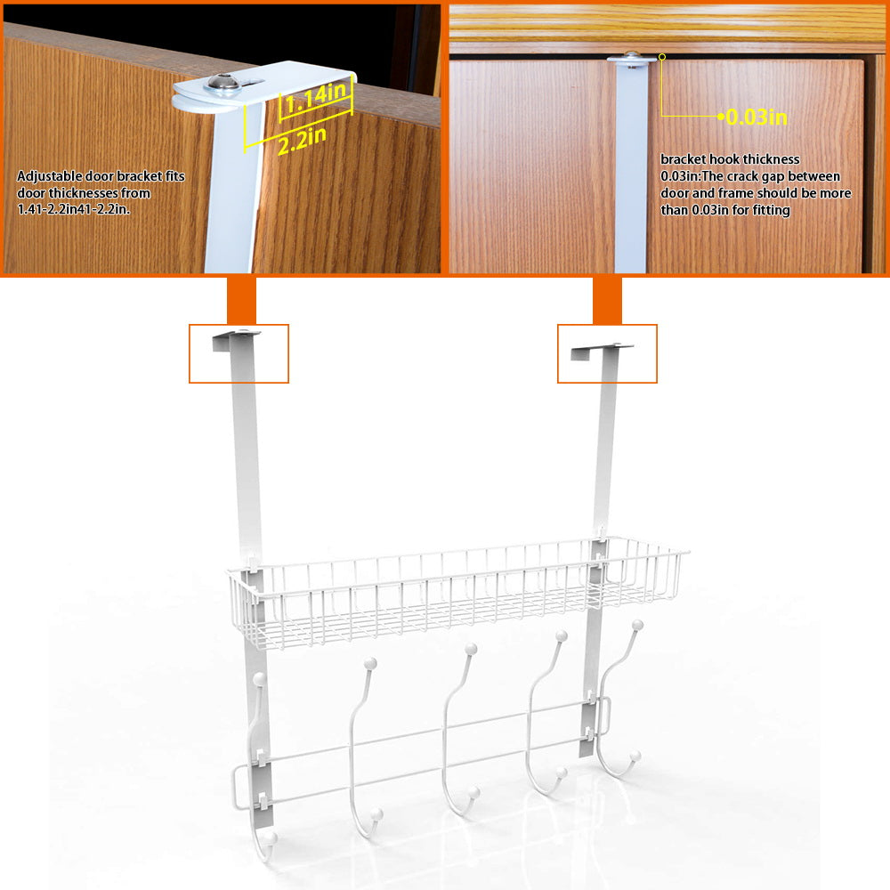 Over The Door Hook Organizer with Mesh Basket, White Metal Hanger Rack with 5 Dual Hooks