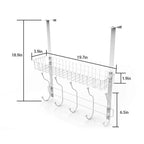 Over The Door Hook Organizer with Mesh Basket, White Metal Hanger Rack with 5 Dual Hooks