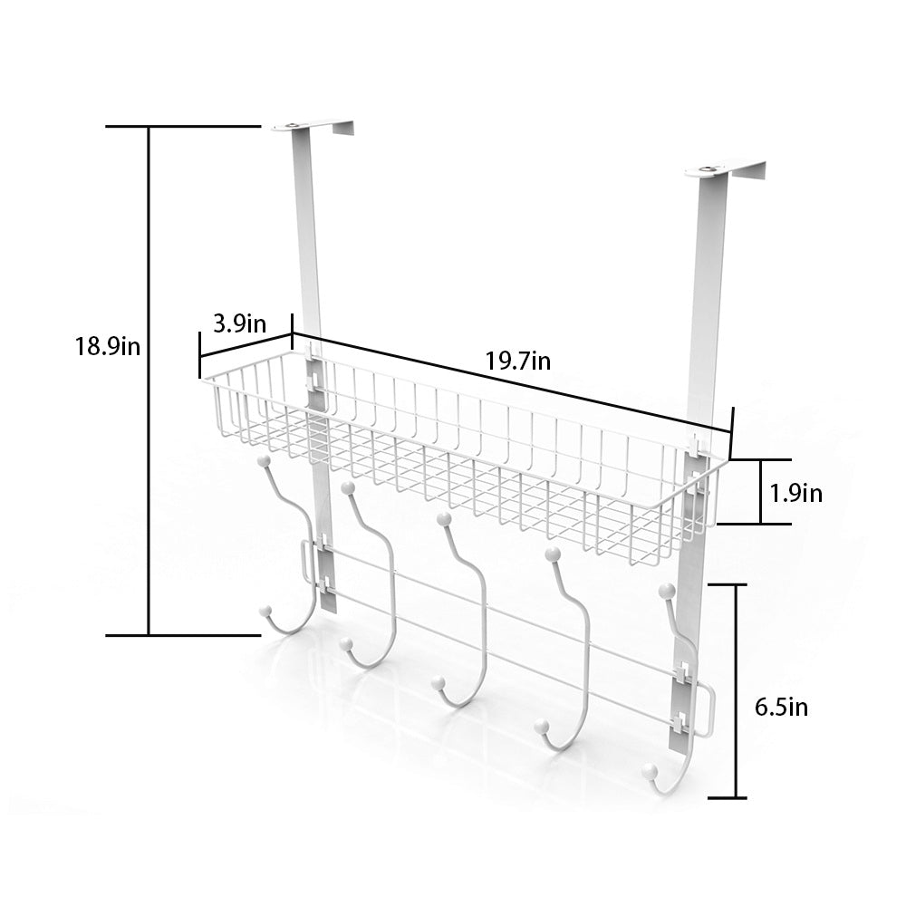 Over The Door Hook Organizer with Mesh Basket, White Metal Hanger Rack with 5 Dual Hooks