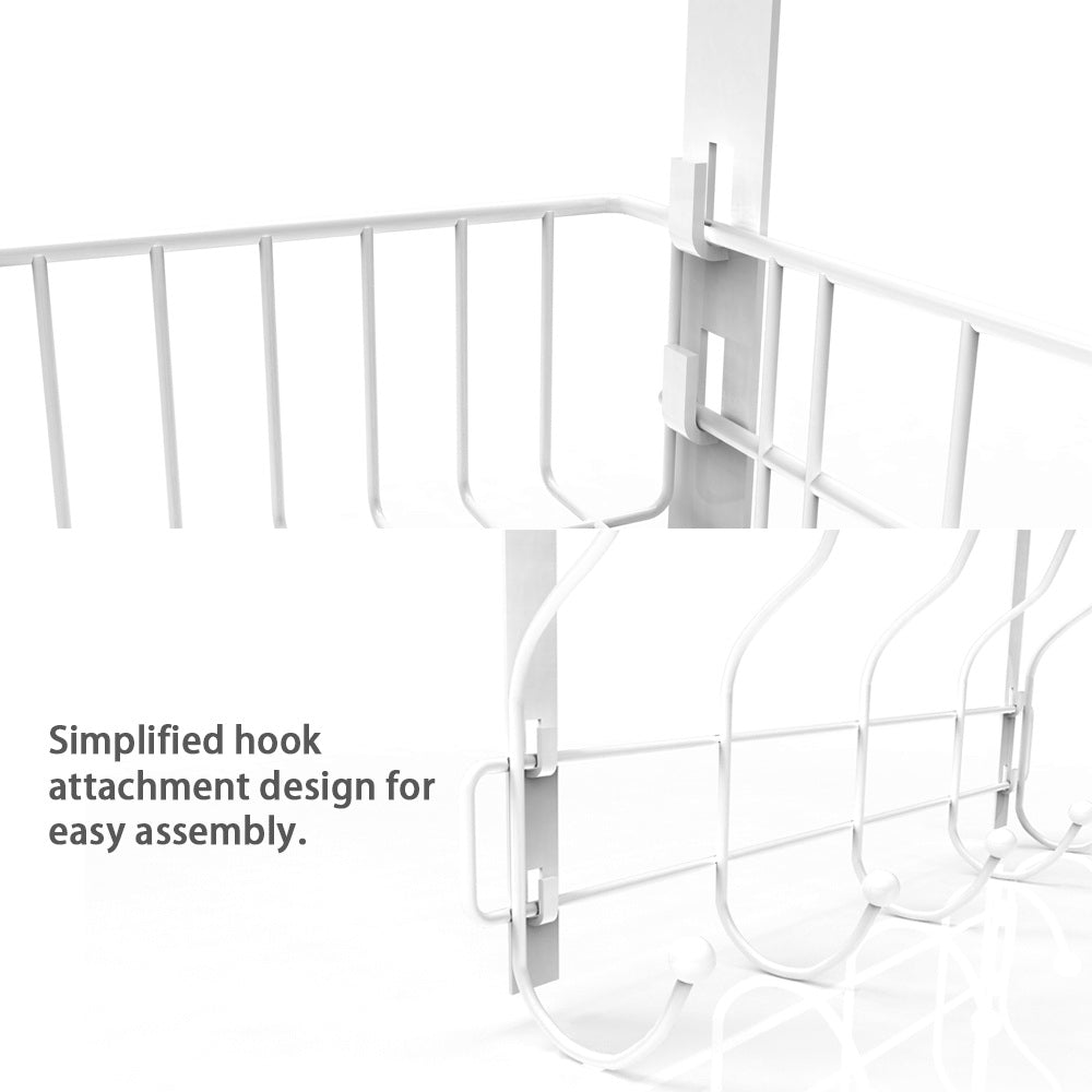 Over The Door Hook Organizer with Mesh Basket, White Metal Hanger Rack with 5 Dual Hooks