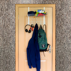 Over The Door Hook Organizer with Mesh Basket, White Metal Hanger Rack with 5 Dual Hooks