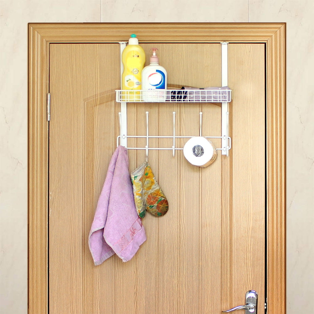 Over The Door Hook Organizer with Mesh Basket, White Metal Hanger Rack with 5 Dual Hooks
