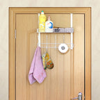 Over The Door Hook Organizer with Mesh Basket, White Metal Hanger Rack with 5 Dual Hooks