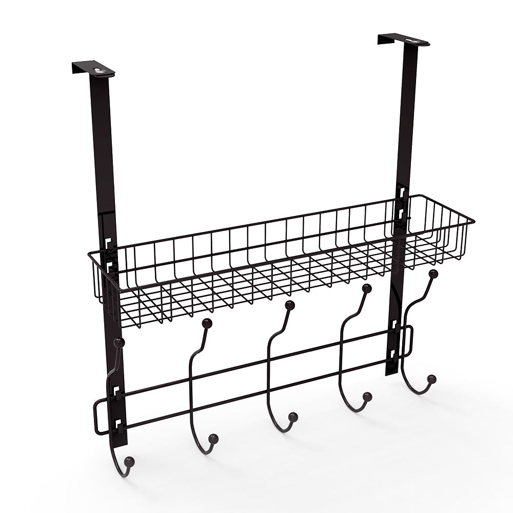 Dark Brown Over The Door Coat Rack with Storage Basket, Heavy-Duty Metal Entryway Organizer