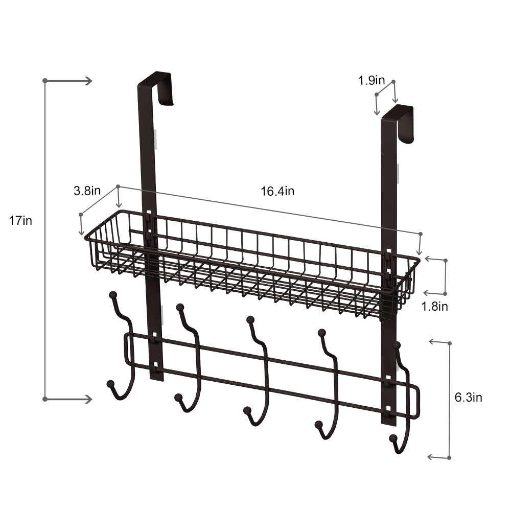 Dark Brown Over The Door Coat Rack with Storage Basket, Heavy-Duty Metal Entryway Organizer