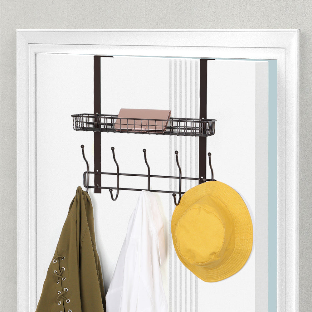Dark Brown Over The Door Coat Rack with Storage Basket, Heavy-Duty Metal Entryway Organizer