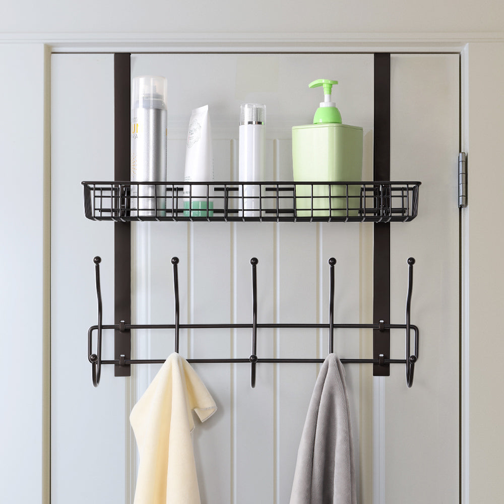 Dark Brown Over The Door Coat Rack with Storage Basket, Heavy-Duty Metal Entryway Organizer