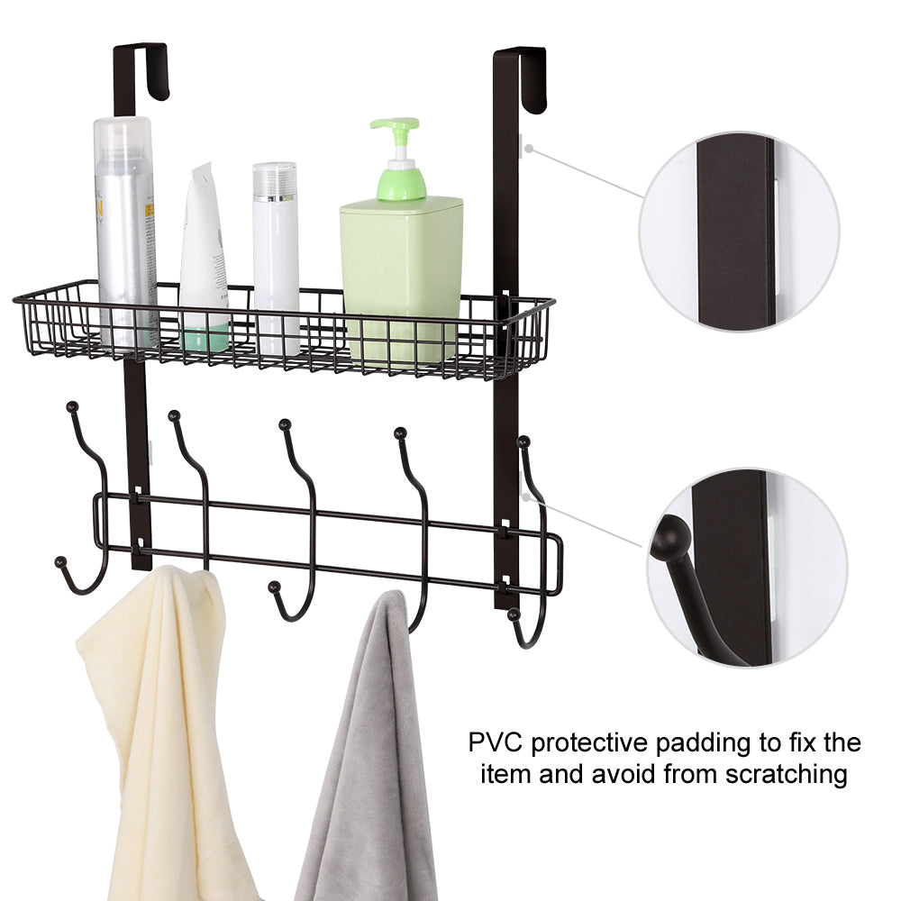 Dark Brown Over The Door Coat Rack with Storage Basket, Heavy-Duty Metal Entryway Organizer
