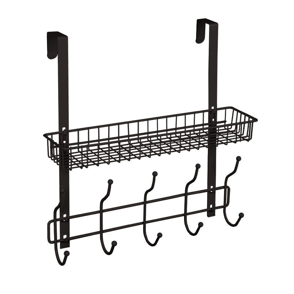 Dark Brown Over The Door Coat Rack with Storage Basket, Heavy-Duty Metal Entryway Organizer