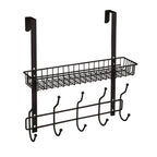 Dark Brown Over The Door Coat Rack with Storage Basket, Heavy-Duty Metal Entryway Organizer