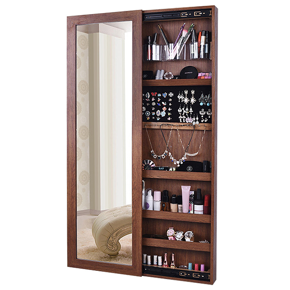 Mirror Jewelry Cabinet, Wall Or Door Mounted Jewelry Organizer Armoire With Storage, Jewelry Organizers With Full Length Mirror, Jewelry Organizer Cabinet, Jewelry Box Standing For Women, Brown