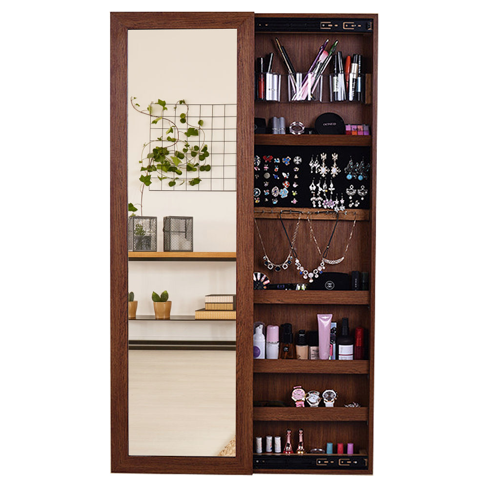 Mirror Jewelry Cabinet, Wall Or Door Mounted Jewelry Organizer Armoire With Storage, Jewelry Organizers With Full Length Mirror, Jewelry Organizer Cabinet, Jewelry Box Standing For Women, Brown