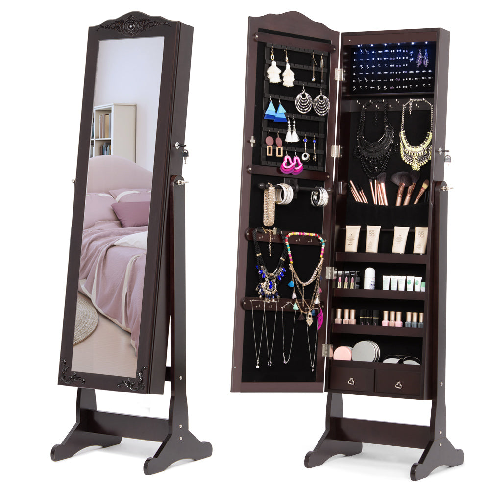 Full Length Mirror Jewelry Armoire with LED, Standing Lockable Jewelry Cabinet with 2 Drawers