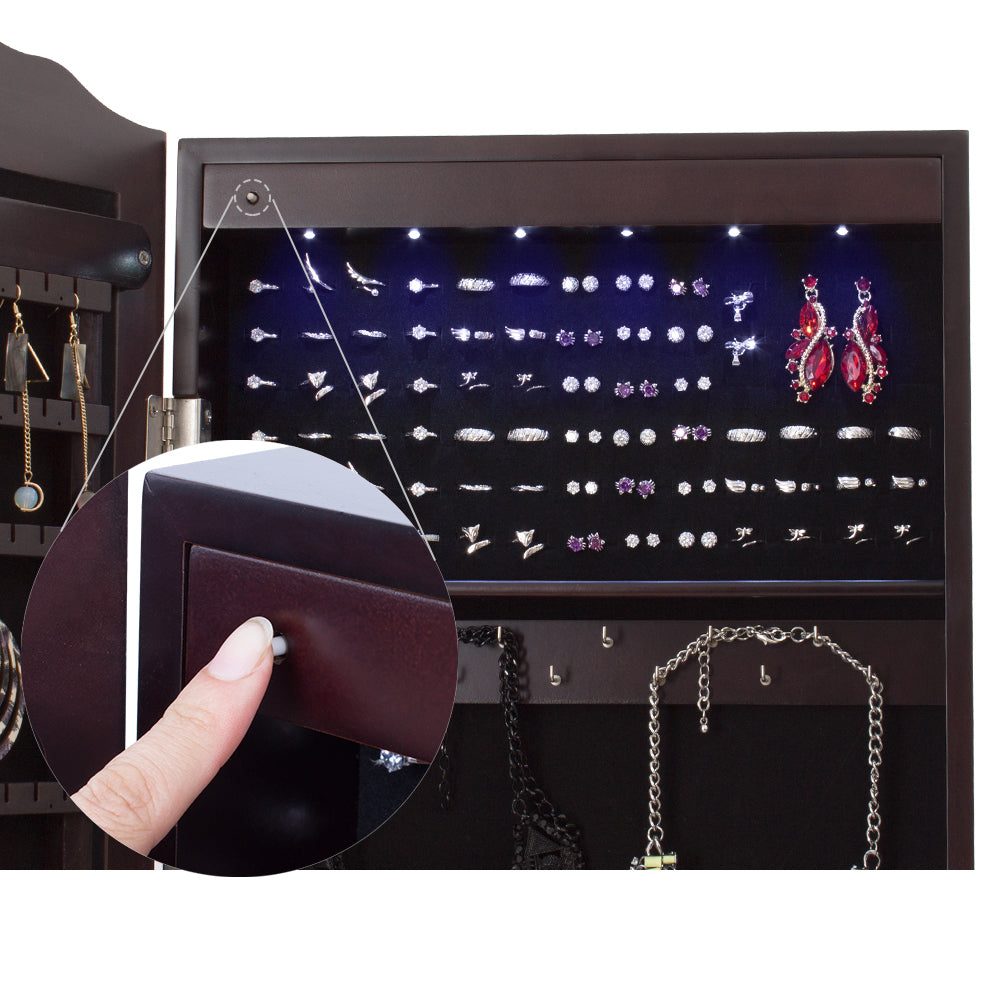 Full Length Mirror Jewelry Armoire with LED, Standing Lockable Jewelry Cabinet with 2 Drawers