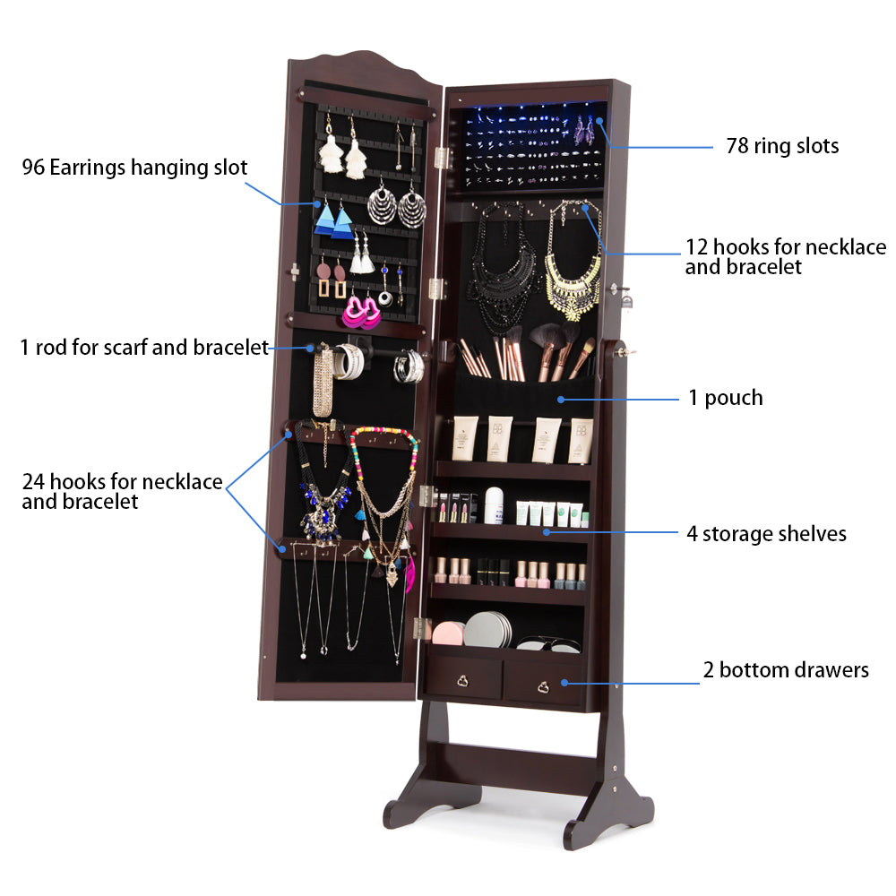 Full Length Mirror Jewelry Armoire with LED, Standing Lockable Jewelry Cabinet with 2 Drawers