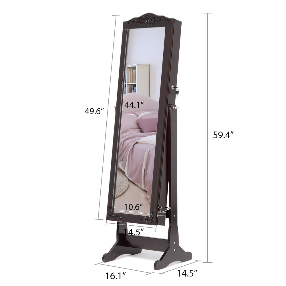 Full Length Mirror Jewelry Armoire with LED, Standing Lockable Jewelry Cabinet with 2 Drawers