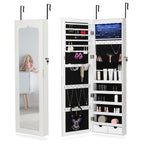 LED Wall-Mounted Jewelry Armoire with Mirror, Lockable Hanging Jewelry Organizer (White)