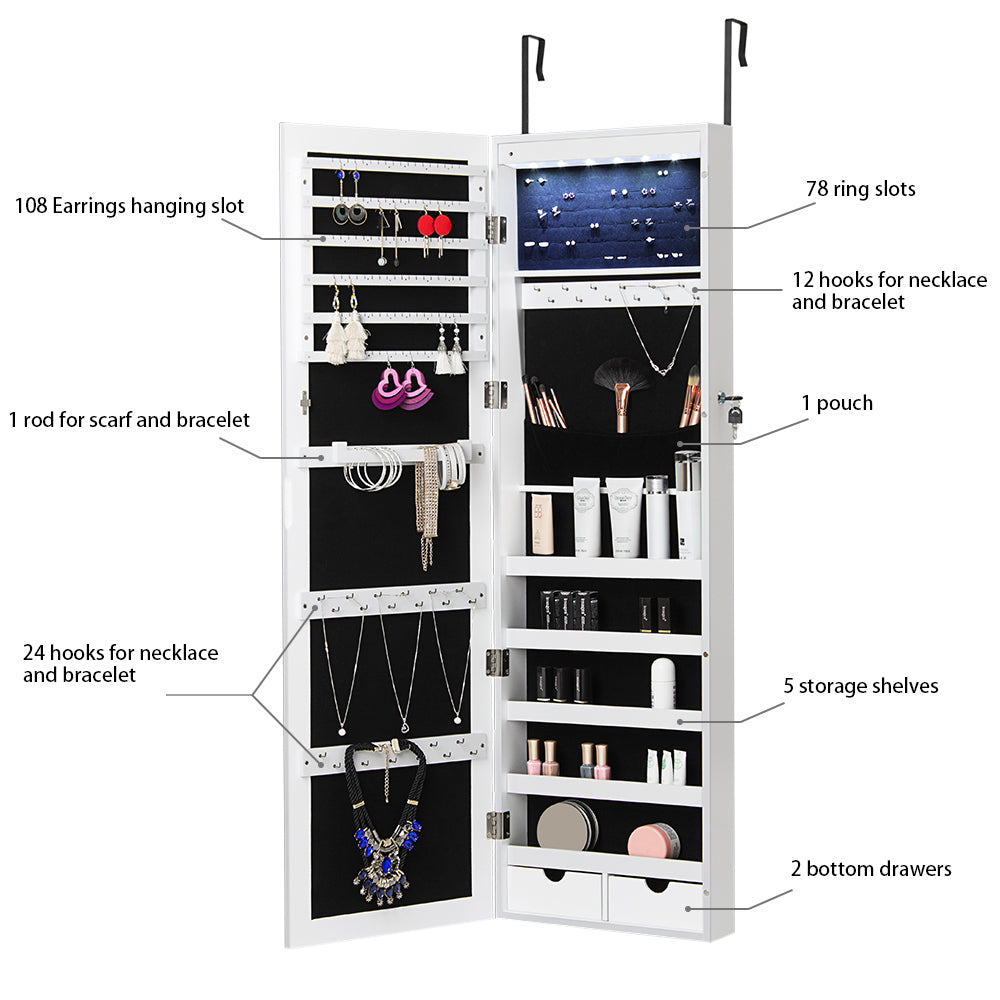 LED Wall-Mounted Jewelry Armoire with Mirror, Lockable Hanging Jewelry Organizer (White)