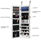 LED Wall-Mounted Jewelry Armoire with Mirror, Lockable Hanging Jewelry Organizer (White)