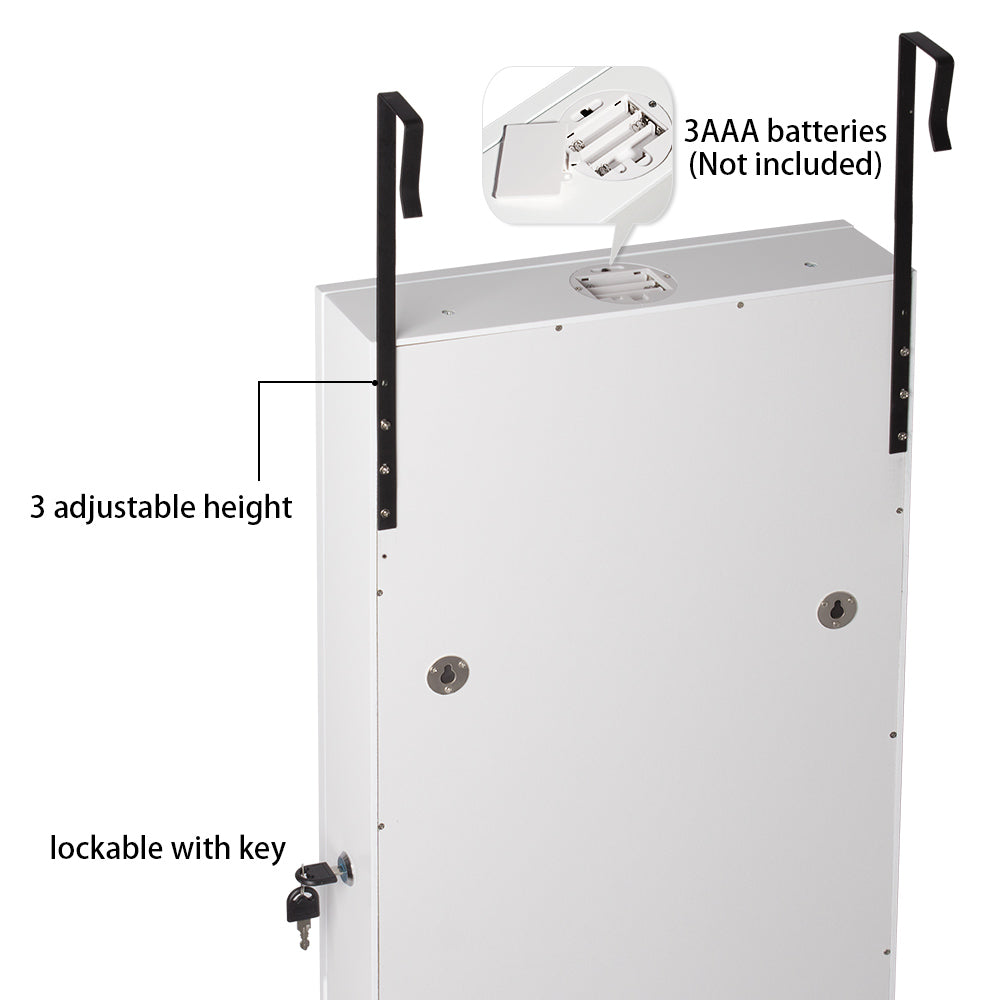 LED Wall-Mounted Jewelry Armoire with Mirror, Lockable Hanging Jewelry Organizer (White)
